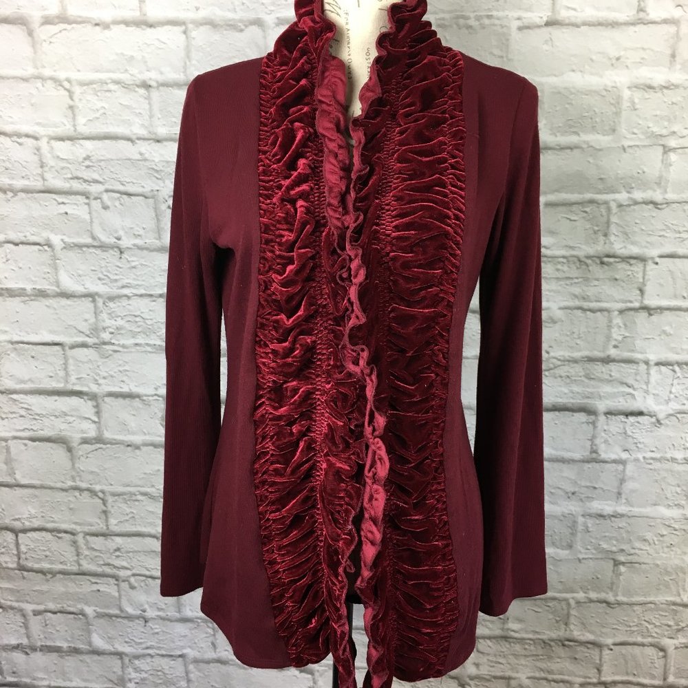 Etoile Burgundy Cardigan with Ruched Velvet Trim